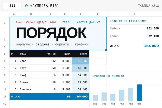 Обложка: порядок в Excel